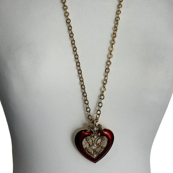 Vintage Avon Heart Pendant Necklace Gold Tone Faux Pearl Red Enamel Ornate Open
